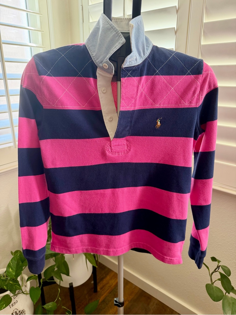 Vintage Ralph Lauren Sport Pink & Navy Striped Long Sleeve Rugby Shirt, M Preppy
